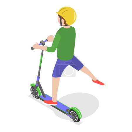 Téléchargez les illustrations : Illustration 3D vectorielle plane isométrique d'enfants heureux, loisirs en plein air avec véhicule sportif. Point 2 - en licence libre de droit