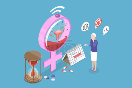 Ilustración de Ilustración plana isométrica 3D de los síntomas de la menopausia, mujeres climatéricas - Imagen libre de derechos