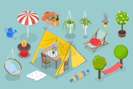 Illustration for 3D Isometric Flat Vector Set of Garden Furniture Items, Patio Collection - Royalty Free Image