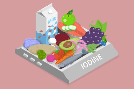 Téléchargez les illustrations : Illustration vectorielle plane isométrique 3D du Guide alimentaire sain, produits contenant des vitamines - en licence libre de droit