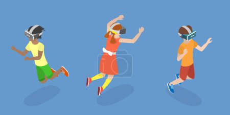 Illustration for 3D Isometric Flat Vector Illustration of Kids In Virtual Reality , Happy Teenagers Gamers with VR Glasses - Royalty Free Image