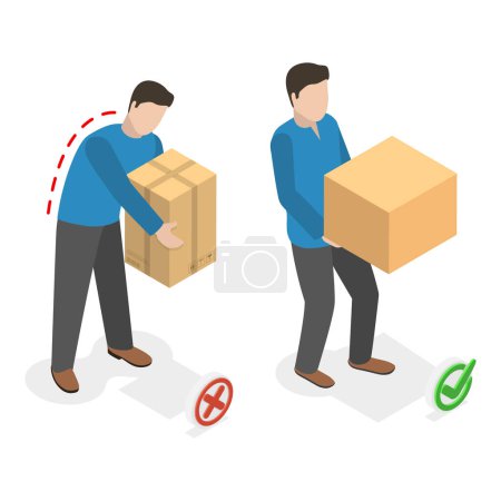 3D Isometric Flat Vector Illustration of How To Carry Heavy Goods, Safe and Incorrect Weights Lifting. Item 2