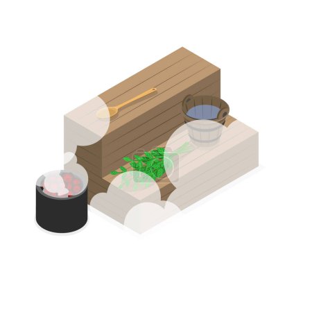 Ilustración de Ilustración plana isométrica 3D del vector de la sauna y del SPA, actividad para el bienestar y la recreación. Partida 1 - Imagen libre de derechos