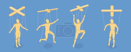 Illustration for 3D Isometric Flat Vector Set of Wooden Marionettes, Puppet on Ropes - Royalty Free Image