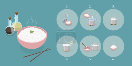 Ilustración de Ilustración plana isométrica 3D de las instrucciones de cocción del arroz, preparación de alimentos - Imagen libre de derechos