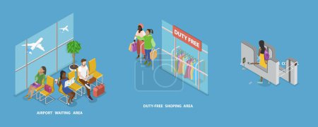 Illustration for 3D Isometric Flat Vector Set of Airport Scenes, Automated Border Control, Waiting Area, Duty Free Shopping - Royalty Free Image