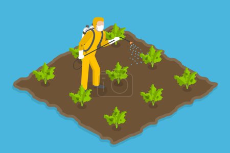 Illustration for 3D Isometric Flat Vector Illustration of Chemical Fertilizer, Farmer Spraying Pesticides on a Field - Royalty Free Image