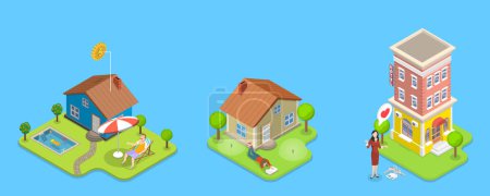 Ilustración de Ilustración plana isométrica 3D de los tipos de propiedades inmobiliarias, condominio, casa o apartamento separado - Imagen libre de derechos
