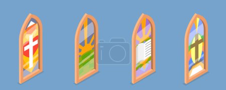 Illustration for 3D Isometric Flat Vector Set of Church Stained Arched Windows , Different Styles and Drawing - Royalty Free Image