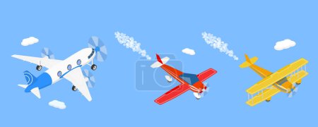 Téléchargez les illustrations : Illustration 3D vectorielle plane isométrique des avions anciens volants, des transports et de l'aviation - en licence libre de droit