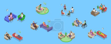 Illustration for 3D Isometric Flat Vector Set of Psychotherapy Session Scenes, Mental Health - Royalty Free Image