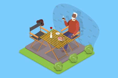 Ilustración de Ilustración plana isométrica 3D del anciano lindo que relaja en la cafetería, vida feliz de las personas mayores - Imagen libre de derechos