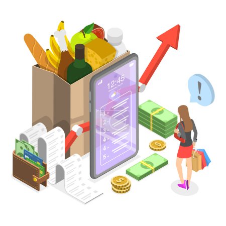 Illustration for 3D Isometric Flat Vector Illustration of Inflation, Price Rising, Reduction in the Purchasing Power of Money. Item 3 - Royalty Free Image