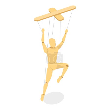 Illustration for 3D Isometric Flat Vector Set of Wooden Marionettes, Puppet on Ropes. Item 3 - Royalty Free Image