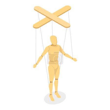 Illustration for 3D Isometric Flat Vector Set of Wooden Marionettes, Puppet on Ropes. Item 4 - Royalty Free Image