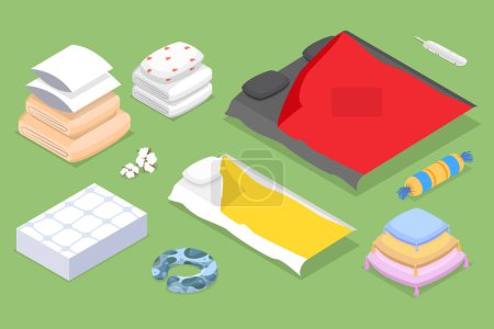 Ilustración de Conjunto de vectores planos isométricos 3D de artículos de dormitorio, textiles para el hogar - Imagen libre de derechos
