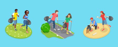Illustration for 3D Isometric Flat Vector Illustration of Plogging Challenge, Volunteers at Eco Activity - Royalty Free Image