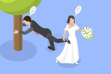 Illustration vectorielle plane isométrique 3D de la peur de l'engagement, homme effrayé par le mariage