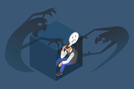 3D Isometric Flat Vector Illustration of Scary and Depressed Person, Anxiety and Phobia