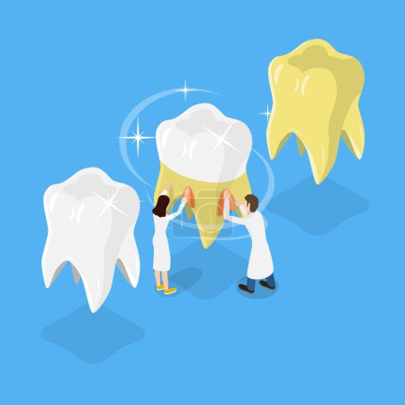 Illustration vectorielle plane isométrique 3D du blanchiment des dents, procédure d'enlèvement de plaque dentaire