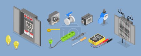 Téléchargez les illustrations : Ensemble de vecteurs plats isométriques 3D d'outils d'électricien, équipement professionnel - en licence libre de droit