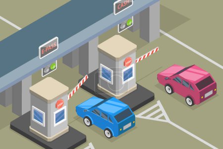 3D Isometrischer flacher Vektor Illustration von Checkpoint mit Barrieren, Autobahnmaut