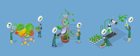 Téléchargez les illustrations : Illustration 3D vectorielle plane isométrique de la science dans l'agriculture, développement de nouveaux produits alimentaires - en licence libre de droit
