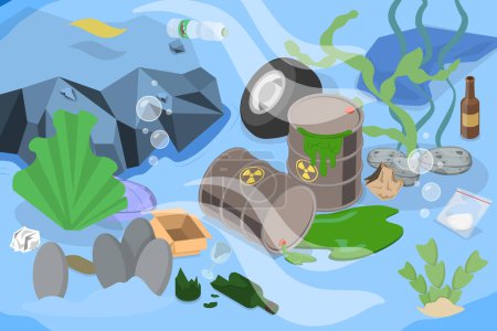 3D Isometric Flat Vector Illustration of Dirty Underwater Landscape , Ocean Pollution Impact on Ecosystem