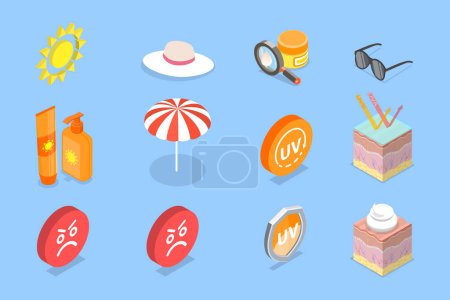 Illustration for 3D Isometric Flat Vector Set of UV Protection Items, Summer or Seaside Vacations Cosmetics - Royalty Free Image