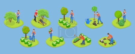 Téléchargez les illustrations : Ensemble vectoriel plat 3D isométrique d'outils de jardin et de personnes, de paysagistes et d'équipements agricoles - en licence libre de droit