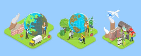 Illustration for 3D Isometric Flat Vector Illustration of Carbon Footprint Reduction , Net Zero Emissions and Carbon Dioxide Neutral Balance - Royalty Free Image