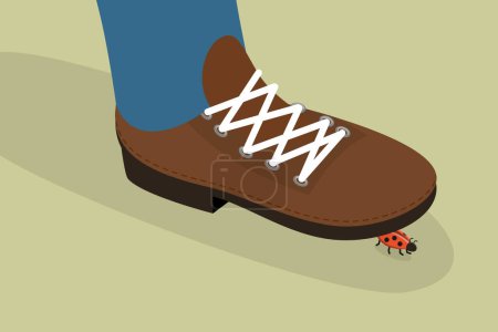 3D Isometric Flat Vector Illustration des Schrittes auf einem Marienkäfer, Ein Käfer unter einem Schuh