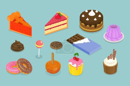 Téléchargez les illustrations : Ensemble vectoriel plat 3D isométrique de bonbons et de desserts, cuisson des aliments, pâtisserie crémeuse sucrée - en licence libre de droit