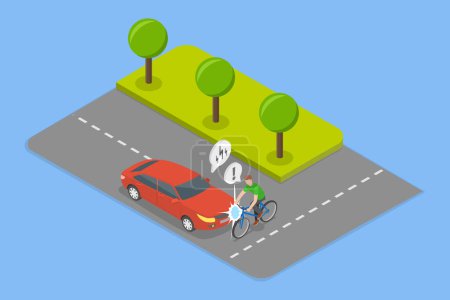 3D Isometric Flat Vector Illustration of Cycling Road Accident, Collision with a Car