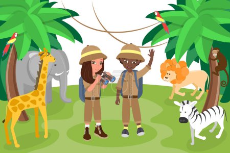 Flache Vektorillustration von Dschungel-Entdeckern, Glückliche Kinder, die die Natur erkunden
