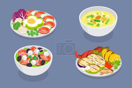 3D Isometric Flat Vector Set of Vegetarian Dishes, Fresh, Natural and Healthy Food