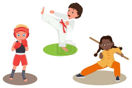 Ilustración de Ilustración plana de vectores de artes marciales para niños, formación de niños con Kimono - Imagen libre de derechos