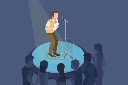 Illustration for 3D Isometric Flat Vector Illustration of Fear Of Public Speaking, Anxious Worried Speaker - Royalty Free Image