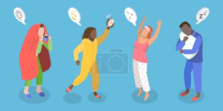 3D Isometric Flat Vector Set of People In Pajamas, Daily Morning Life