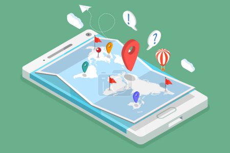 3D Isometric Flat Vector Illustration of GPS and Navigation, Mobile Map Apps