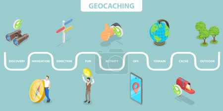 Ilustración plana isométrica 3D del geocaching, de la actividad al aire libre, de la navegación y del descubrimiento