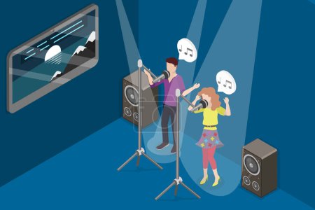 Ilustración plana isométrica 3D de la gente en la fiesta del karaoke, cantantes aficionados