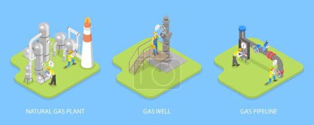 Illustration vectorielle plane isométrique 3D de l'extraction du gaz naturel, obtention d'énergie fossile