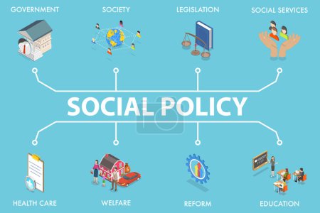 3D Isometric Flat Vector Illustration of Social Policy, Education, Reforms and Services