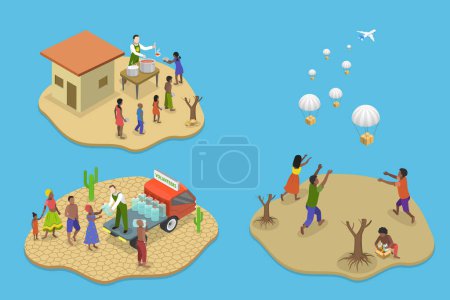 Illustration vectorielle plane isométrique 3D de la faim, de la malnutrition, de la sensibilisation aux ressources