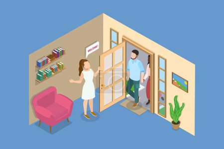 3D Isometric Flat Vector Illustration of Showing Apartment, Guest at a Threshold