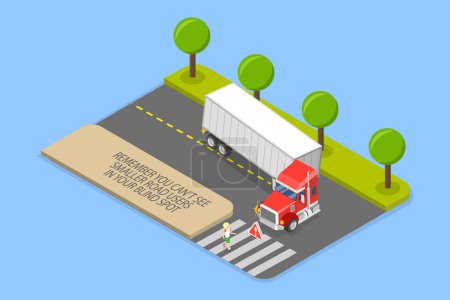 3D Isometrische Flat Vector Illustration von Fahrregeln für schwere Fahrzeuge, Sicherheit beim LKW-Fahren