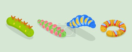 3D Isometric Flat Vector Set of Caterpillars, Spring Insects
