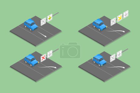 Illustration vectorielle plane isométrique 3D de la voie réversible, des règles de conduite et des conseils