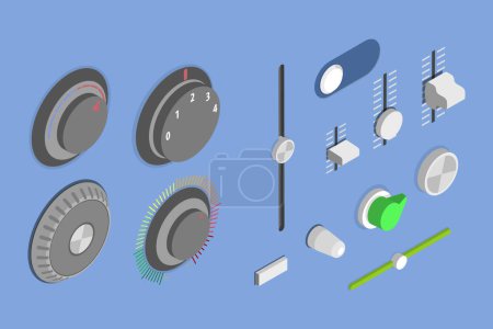 Ilustración de Conjunto de vectores planos isométricos 3D de diales de mezclador de audio, botones de radio - Imagen libre de derechos